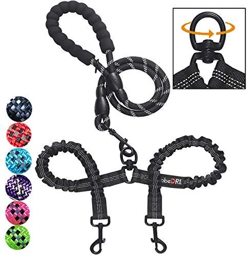tobeDRI - Correa para perro doble, cómoda, sin enredos, con amortiguación elástica, reflectante, 2 correas para perros grandes, medianos y pequeños