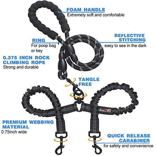 tobeDRI - Correa para perro doble, cómoda, sin enredos, con amortiguación elástica, reflectante, 2 correas para perros grandes, medianos y pequeños