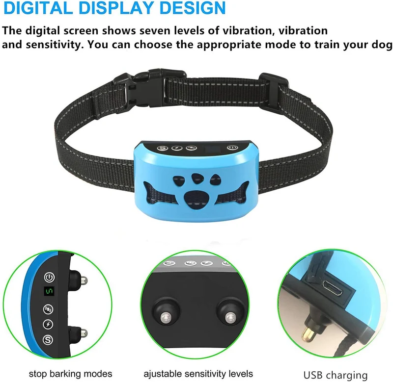 AHJDL Collar de corteza para perro, con efecto de corteza de perro, modo sin vibración, control de voz, collar de entrenamiento, con indicador LED y 7 sensibilidades, fácil de usar