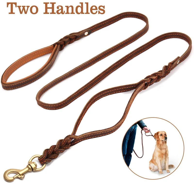 FOCUSPET Correa de piel para perro con doble asa, 6 pies, correa de piel trenzada con asa de tráfico, resistente, correa para perros grandes/medianos, mayor control de entrenamiento de seguridad, protege al perro en el tráfico, 6 pies
