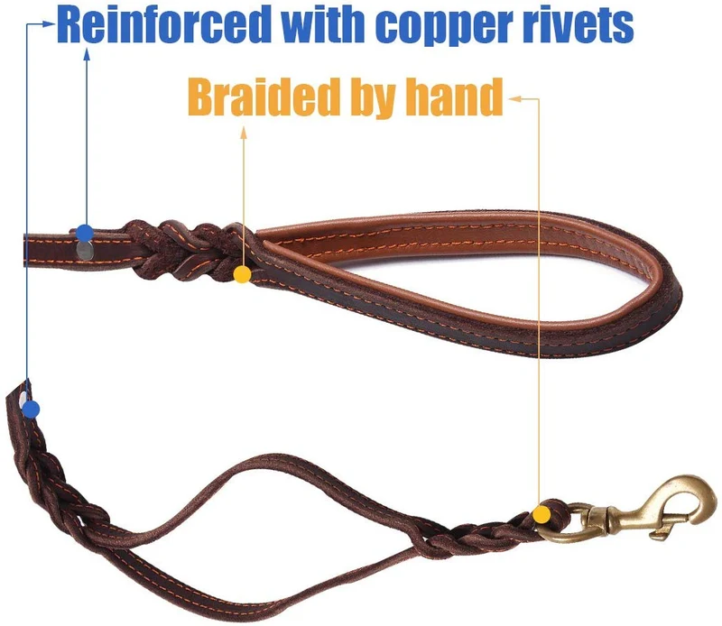 FOCUSPET Correa de piel para perro con doble asa, 6 pies, correa de piel trenzada con asa de tráfico, resistente, correa para perros grandes/medianos, mayor control de entrenamiento de seguridad, protege al perro en el tráfico, 6 pies