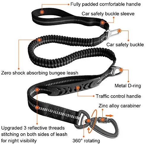 Wishnice - Correa elástica fuerte para perro de 5.9 ft con reflectante mejorado para perros medianos y grandes, 4 en 1, correa multifunción que absorbe los golpes con cinturón de asiento de coche, 2 asas acolchadas para entrenamiento de caminar control ad