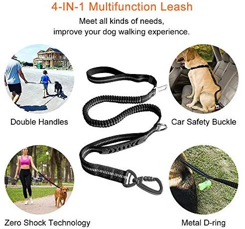 Wishnice - Correa elástica fuerte para perro de 5.9 ft con reflectante mejorado para perros medianos y grandes, 4 en 1, correa multifunción que absorbe los golpes con cinturón de asiento de coche, 2 asas acolchadas para entrenamiento de caminar control ad
