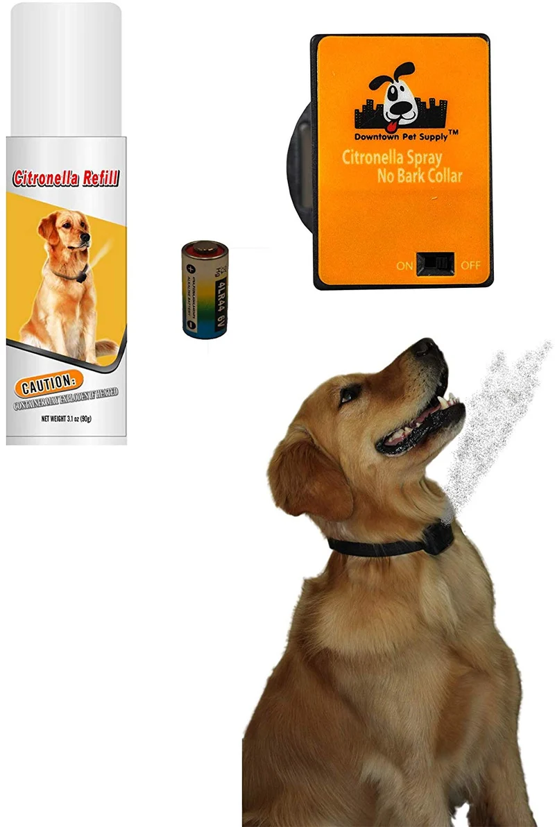 Downtown – Kit para mascotas con cuello de citronela en spray, antiladrillos para perros – Collar seguro y eficaz y con control de ladridos para perros