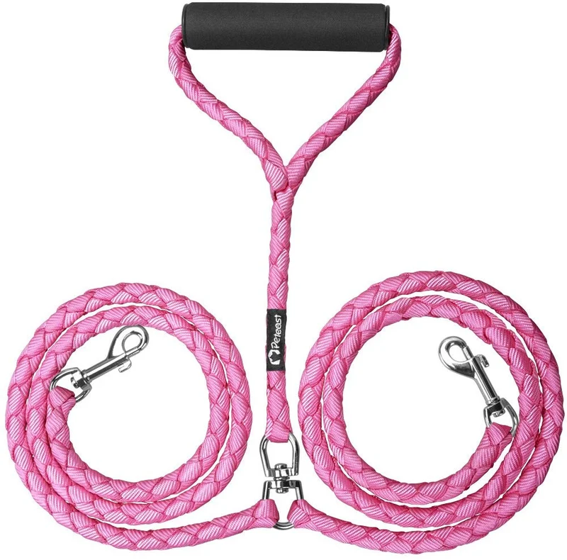 Peteast - Correa doble para perro, ajustable, resistente, doble correa para perros, 360 °, sin enredos y mango suave, dos correas para perro, correa para caminar y entrenar a dos perros, 2019, actualizada