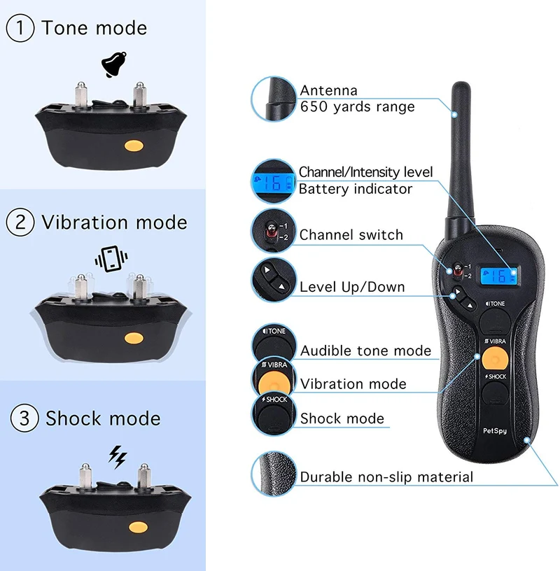 PetSpy P620 Collar de entrenamiento para perros con vibración, choque eléctrico, pitido; recargable e impermeable, collar electrónico de entrenamiento remoto, 10 – 140 libras