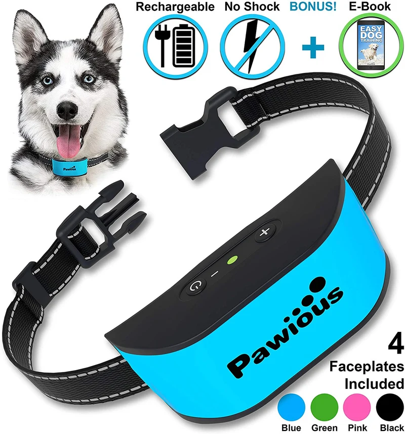 Collar de corteza para perros pequeños – Collar antiladridos recargable sin golpes – 4 placas faciales de color, sin puntas dañinas, sonido, vibración, 7 niveles de sensibilidad