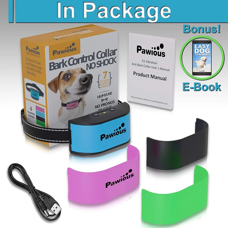 Collar de corteza para perros pequeños – Collar antiladridos recargable sin golpes – 4 placas faciales de color, sin puntas dañinas, sonido, vibración, 7 niveles de sensibilidad