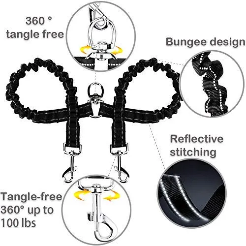 BungeeX2 acoplador de doble correa para perro Snagle Paw sin enredos, giro de 360°, correa doble para caminar y entrenamiento, cómodo amortiguador, correa elástica reflectante para pasear 2 perros con facilidad