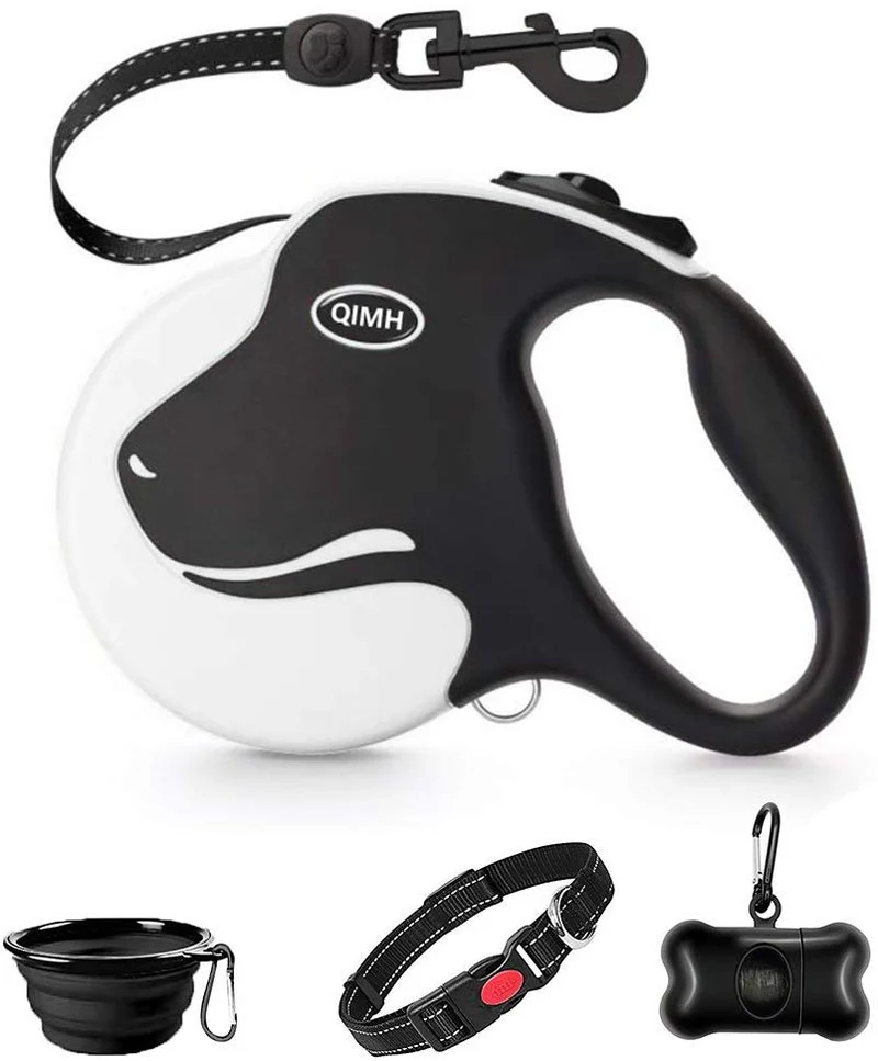 QiMH Correa retráctil para perro, 360 ° sin enredos, resistente y reflectante de 16.0 ft con asa antideslizante para perros de tamaño mediano y grande de hasta 110 libras, freno de una mano, pausa y bloqueo