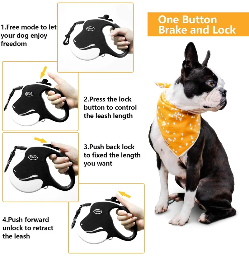 QiMH Correa retráctil para perro, 360 ° sin enredos, resistente y reflectante de 16.0 ft con asa antideslizante para perros de tamaño mediano y grande de hasta 110 libras, freno de una mano, pausa y bloqueo