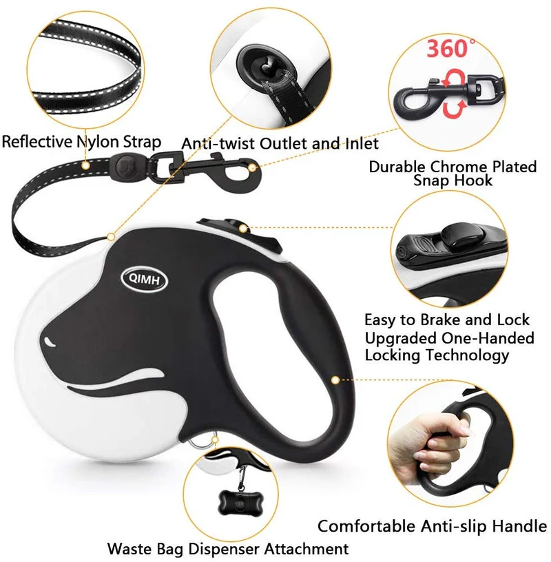 QiMH Correa retráctil para perro, 360 ° sin enredos, resistente y reflectante de 16.0 ft con asa antideslizante para perros de tamaño mediano y grande de hasta 110 libras, freno de una mano, pausa y bloqueo