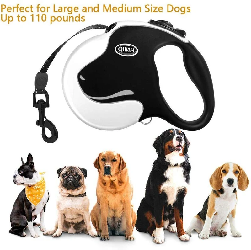 QiMH Correa retráctil para perro, 360 ° sin enredos, resistente y reflectante de 16.0 ft con asa antideslizante para perros de tamaño mediano y grande de hasta 110 libras, freno de una mano, pausa y bloqueo