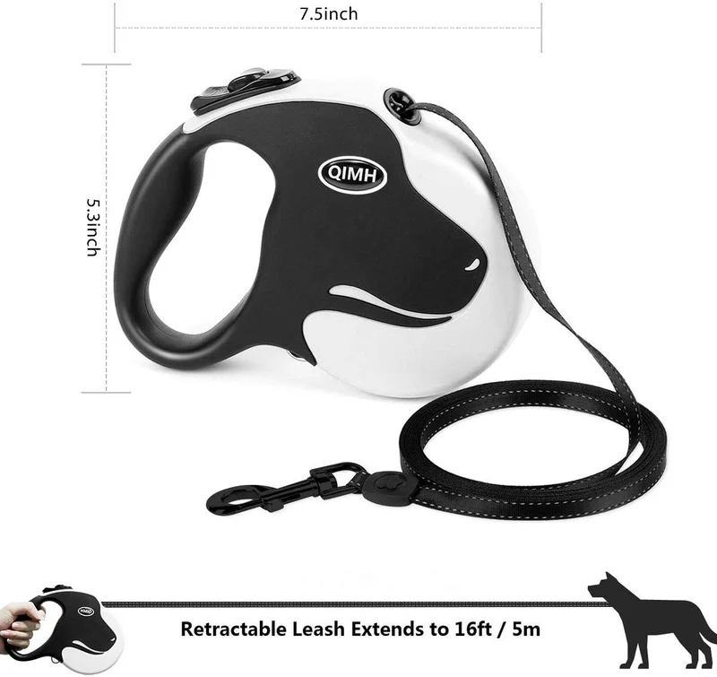 QiMH Correa retráctil para perro, 360 ° sin enredos, resistente y reflectante de 16.0 ft con asa antideslizante para perros de tamaño mediano y grande de hasta 110 libras, freno de una mano, pausa y bloqueo