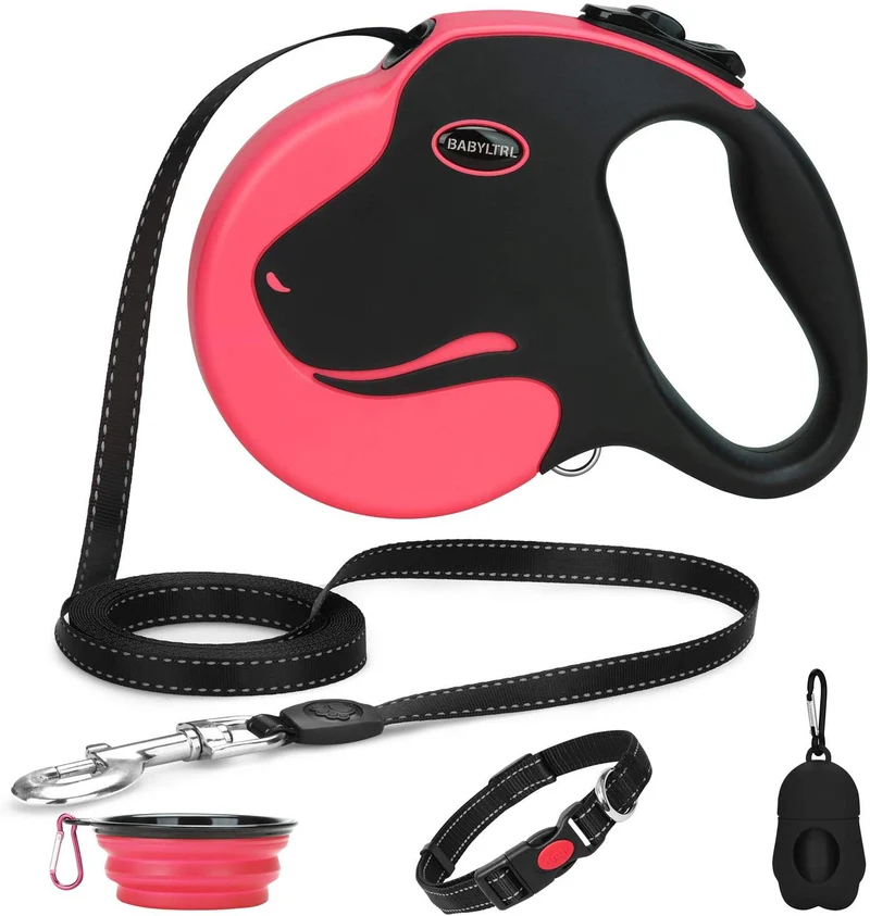 BABYLTRL Correa retráctil para perro, correa para caminar para perro de 360 ° sin enredos para uso pesado de hasta 110 libras, cinta de nailon reflectante fuerte de 16 pies con mango antideslizante, freno de una mano, pausa, bloqueo