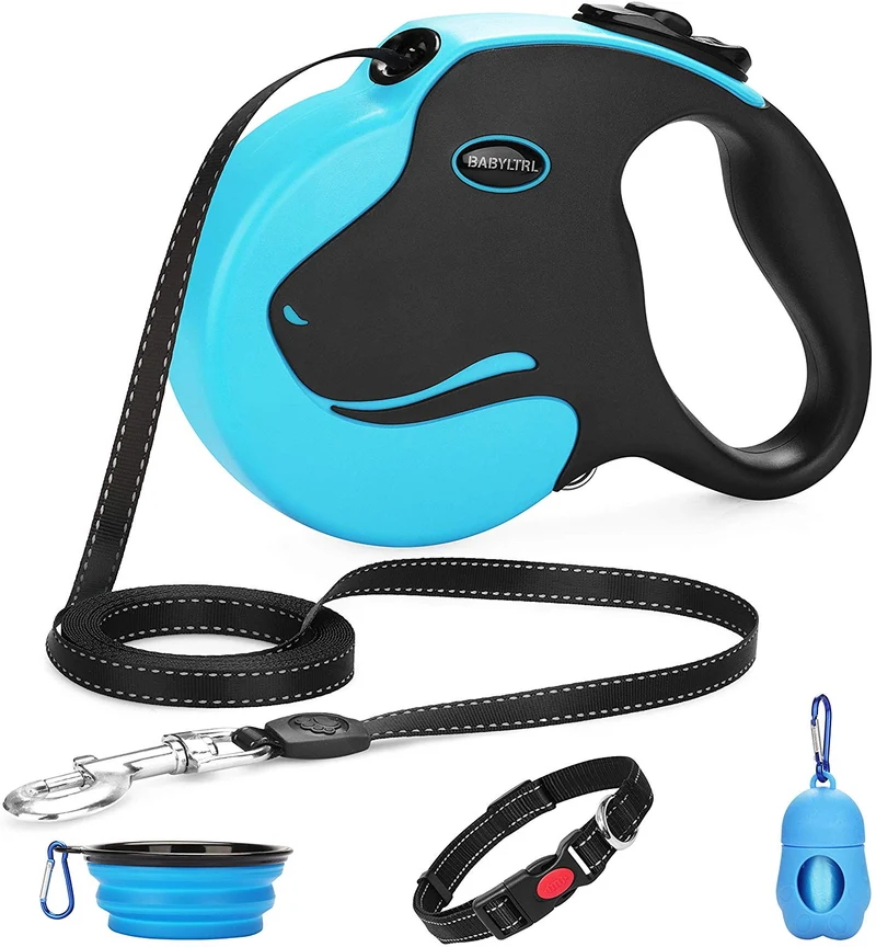 BABYLTRL Correa retráctil para perro, correa para caminar para perro de 360 ° sin enredos para uso pesado de hasta 110 libras, cinta de nailon reflectante fuerte de 16 pies con mango antideslizante, freno de una mano, pausa, bloqueo