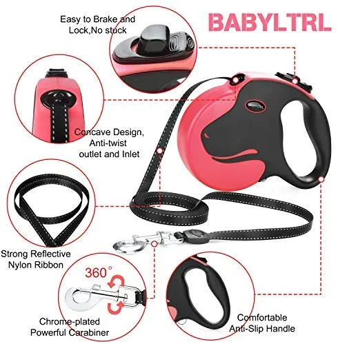 BABYLTRL Correa retráctil para perro, correa para caminar para perro de 360 ° sin enredos para uso pesado de hasta 110 libras, cinta de nailon reflectante fuerte de 16 pies con mango antideslizante, freno de una mano, pausa, bloqueo