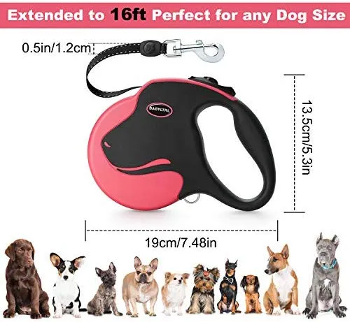 BABYLTRL Correa retráctil para perro, correa para caminar para perro de 360 ° sin enredos para uso pesado de hasta 110 libras, cinta de nailon reflectante fuerte de 16 pies con mango antideslizante, freno de una mano, pausa, bloqueo