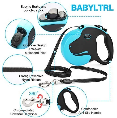 BABYLTRL Correa retráctil para perro, correa para caminar para perro de 360 ° sin enredos para uso pesado de hasta 110 libras, cinta de nailon reflectante fuerte de 16 pies con mango antideslizante, freno de una mano, pausa, bloqueo