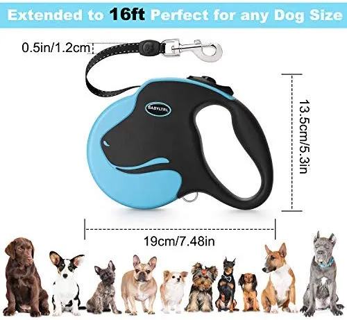 BABYLTRL Correa retráctil para perro, correa para caminar para perro de 360 ° sin enredos para uso pesado de hasta 110 libras, cinta de nailon reflectante fuerte de 16 pies con mango antideslizante, freno de una mano, pausa, bloqueo