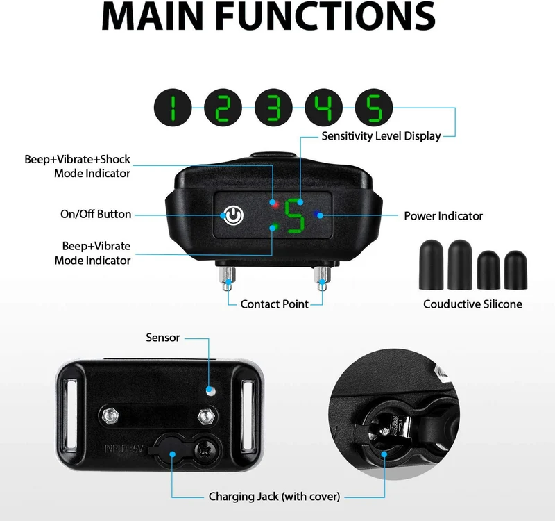 Collar de corteza de perro PetYeah, 5 niveles de sensibilidad e intensidad ajustables, dos modos antiladridos recargables, impermeables y reflectantes, sin control de ladridos para perros pequeños, medianos y grandes, Adjustable, Negro