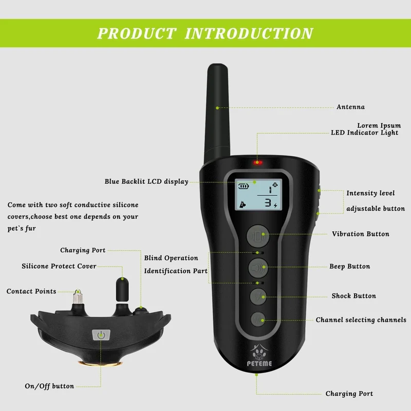 Peteme Dog Training Shock Collar Rechargeable with Beep/Vibra/Electric Shock,100% Waterproof, 1200 ft Remote Trainer Range Collar for Small Medium Large Dogs.
