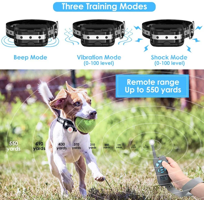 DELOMO Collar de choque para perro, collar de entrenamiento para perro con mando a distancia, IP67 impermeable collar eléctrico para perros con 3 modos de entrenamiento, 550 yardas de rango remoto collar de entrenamiento para perro