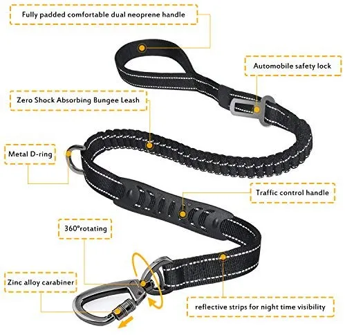 Correa para perro resistente, especialmente para perros grandes de hasta 150 libras, 6 pies, reflectante para entrenamiento, absorción de golpes, correa elástica con hebilla para cinturón de seguridad de coche, 2 asas acolchadas para control adicional