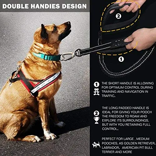 Correa para perro resistente, especialmente para perros grandes de hasta 150 libras, 6 pies, reflectante para entrenamiento, absorción de golpes, correa elástica con hebilla para cinturón de seguridad de coche, 2 asas acolchadas para control adicional