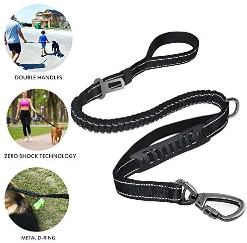 Correa para perro resistente, especialmente para perros grandes de hasta 150 libras, 6 pies, reflectante para entrenamiento, absorción de golpes, correa elástica con hebilla para cinturón de seguridad de coche, 2 asas acolchadas para control adicional