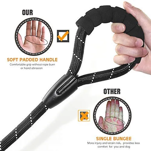 Correa para perro resistente, especialmente para perros grandes de hasta 150 libras, 6 pies, reflectante para entrenamiento, absorción de golpes, correa elástica con hebilla para cinturón de seguridad de coche, 2 asas acolchadas para control adicional