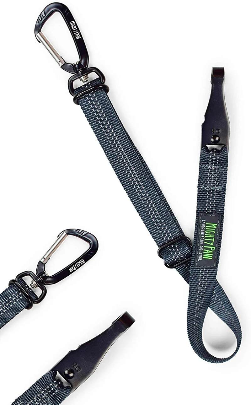 Cinturón de seguridad para perro, material resistente, incluyendo anexo de giro sin enredos, mosquetón y barra apego. De Mighty Paw