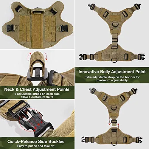 Rabbitgoo Tactical Dog Harness Vest Large with Handle, Military Working Dog Molle Vest with Metal Buckles & Loop Panels, No-Pull Adjustable Training Harness with Leash Clips for Walking Hiking Hunting