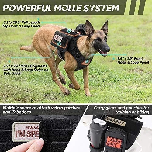 Rabbitgoo Tactical Dog Harness Vest Large with Handle, Military Working Dog Molle Vest with Metal Buckles & Loop Panels, No-Pull Adjustable Training Harness with Leash Clips for Walking Hiking Hunting