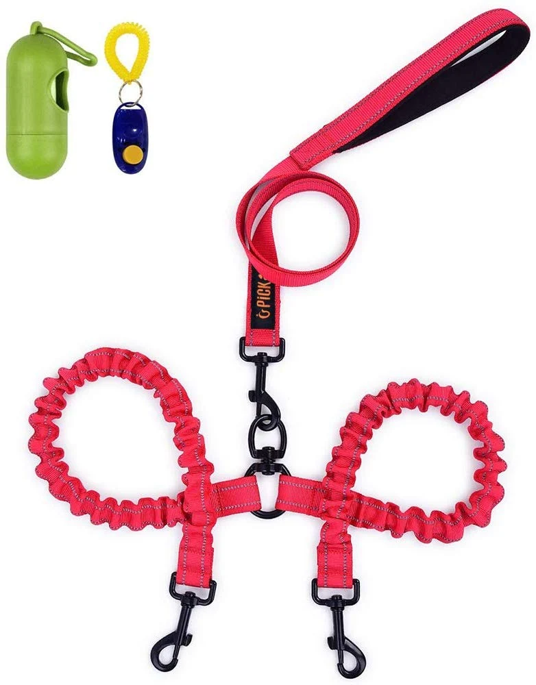 Correa doble para perro, doble correa para perro, giro de 360°, no enreda, correa doble para caminar y entrenamiento, cómoda correa reflectante que absorbe los golpes, para dos perros con dispensador de bolsas de basura y clicker de entrenamiento para per