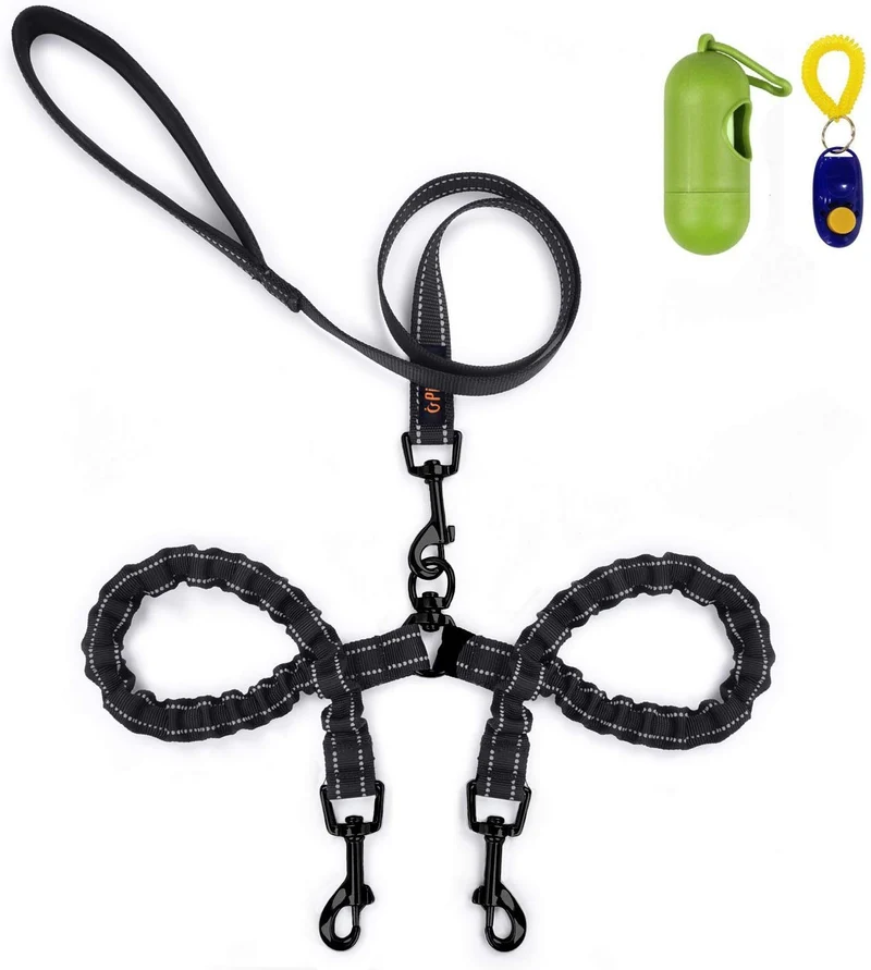 Correa doble para perro, doble correa para perro, giro de 360°, no enreda, correa doble para caminar y entrenamiento, cómoda correa reflectante que absorbe los golpes, para dos perros con dispensador de bolsas de basura y clicker de entrenamiento para per