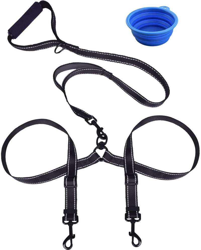Correa doble para perro, doble correa para perro, giro de 360°, no enreda, correa doble para caminar y entrenamiento, cómoda correa reflectante que absorbe los golpes, para dos perros con dispensador de bolsas de basura y clicker de entrenamiento para per