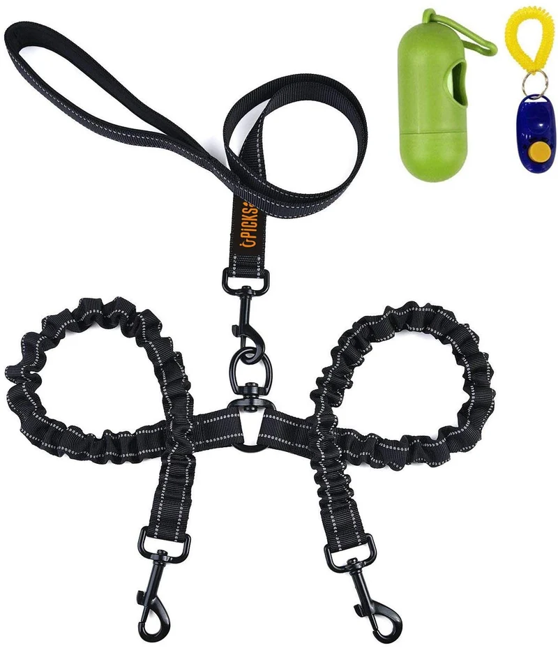 Correa doble para perro, doble correa para perro, giro de 360°, no enreda, correa doble para caminar y entrenamiento, cómoda correa reflectante que absorbe los golpes, para dos perros con dispensador de bolsas de basura y clicker de entrenamiento para per