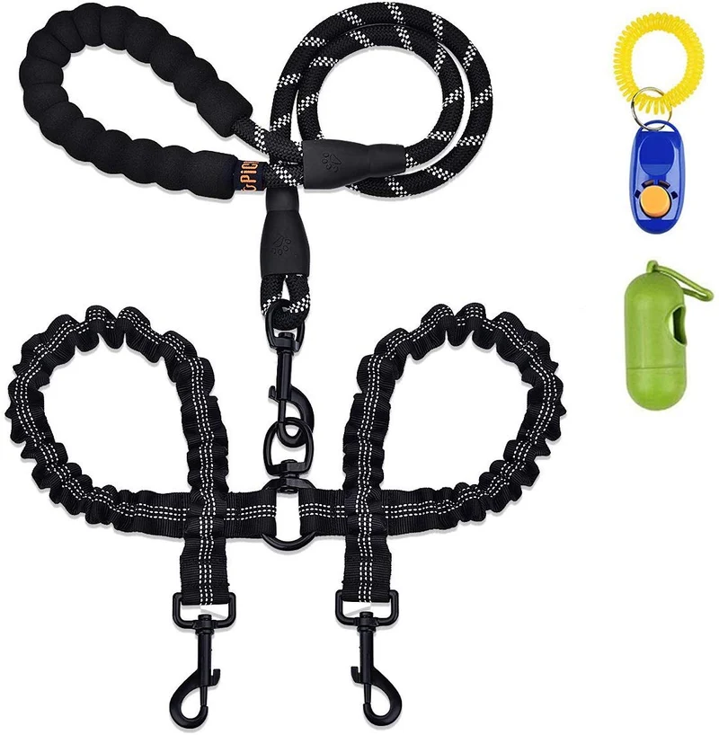 Correa doble para perro, doble correa para perro, giro de 360°, no enreda, correa doble para caminar y entrenamiento, cómoda correa reflectante que absorbe los golpes, para dos perros con dispensador de bolsas de basura y clicker de entrenamiento para per