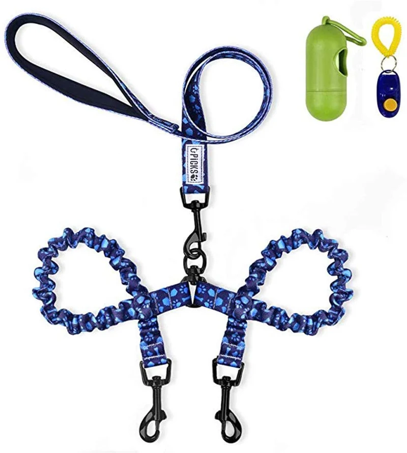 Correa doble para perro, doble correa para perro, giro de 360°, no enreda, correa doble para caminar y entrenamiento, cómoda correa reflectante que absorbe los golpes, para dos perros con dispensador de bolsas de basura y clicker de entrenamiento para per