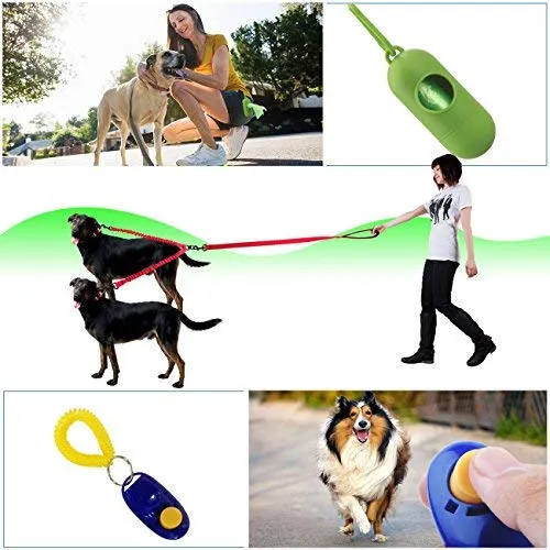 Correa doble para perro, doble correa para perro, giro de 360°, no enreda, correa doble para caminar y entrenamiento, cómoda correa reflectante que absorbe los golpes, para dos perros con dispensador de bolsas de basura y clicker de entrenamiento para per