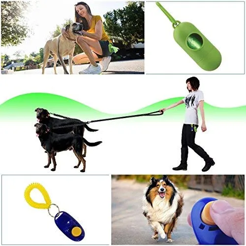 Correa doble para perro, doble correa para perro, giro de 360°, no enreda, correa doble para caminar y entrenamiento, cómoda correa reflectante que absorbe los golpes, para dos perros con dispensador de bolsas de basura y clicker de entrenamiento para per