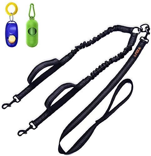 Correa doble para perro, doble correa para perro, giro de 360°, no enreda, correa doble para caminar y entrenamiento, cómoda correa reflectante que absorbe los golpes, para dos perros con dispensador de bolsas de basura y clicker de entrenamiento para per