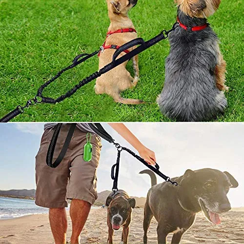 Correa doble para perro, doble correa para perro, giro de 360°, no enreda, correa doble para caminar y entrenamiento, cómoda correa reflectante que absorbe los golpes, para dos perros con dispensador de bolsas de basura y clicker de entrenamiento para per