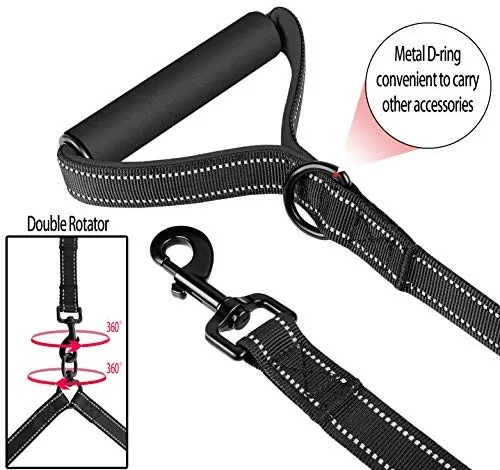 Correa doble para perro, doble correa para perro, giro de 360°, no enreda, correa doble para caminar y entrenamiento, cómoda correa reflectante que absorbe los golpes, para dos perros con dispensador de bolsas de basura y clicker de entrenamiento para per
