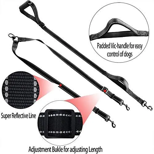 Correa doble para perro, doble correa para perro, giro de 360°, no enreda, correa doble para caminar y entrenamiento, cómoda correa reflectante que absorbe los golpes, para dos perros con dispensador de bolsas de basura y clicker de entrenamiento para per