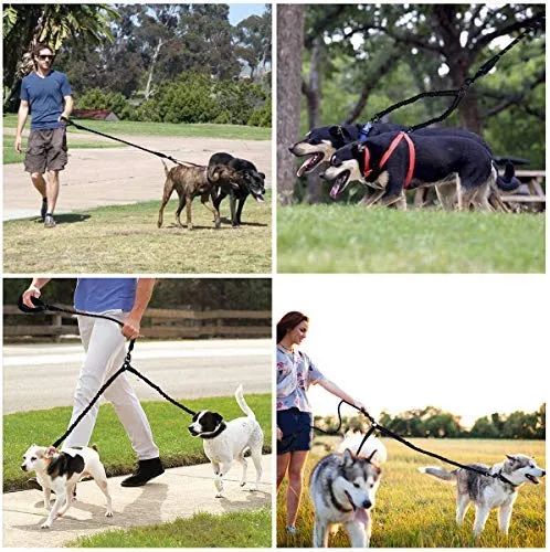 Correa doble para perro, doble correa para perro, giro de 360°, no enreda, correa doble para caminar y entrenamiento, cómoda correa reflectante que absorbe los golpes, para dos perros con dispensador de bolsas de basura y clicker de entrenamiento para per