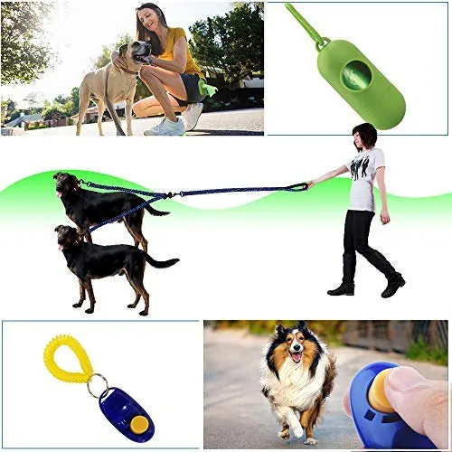 Correa doble para perro, doble correa para perro, giro de 360°, no enreda, correa doble para caminar y entrenamiento, cómoda correa reflectante que absorbe los golpes, para dos perros con dispensador de bolsas de basura y clicker de entrenamiento para per