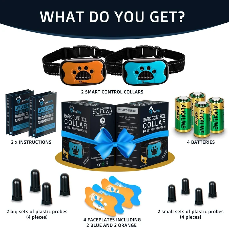 Collar antiladridos PawPets – sin choque para perro – Humane con vibración y sonido ladrido collar para perros pequeños, medianos y grandes, de 5 – 110 libras – paquete de 2 – ideal como regalo