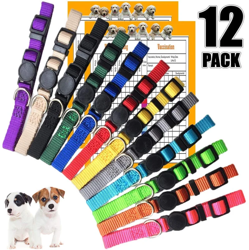 GAMUDA - Collares para cachorros - Super suave de nailon para cachorros - Collares ajustables para desechos - Varios colores lisos y collares de identificación con 2 gráficos de registro - Juego de 12